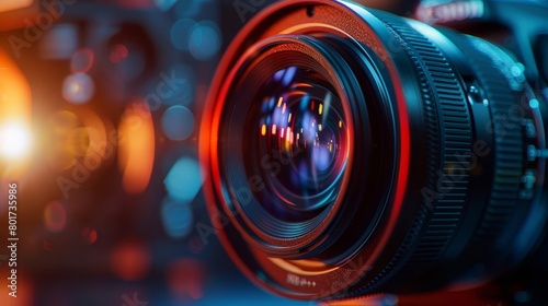 closeup of professional video camera lens with lens flare filmmaking and videography concept