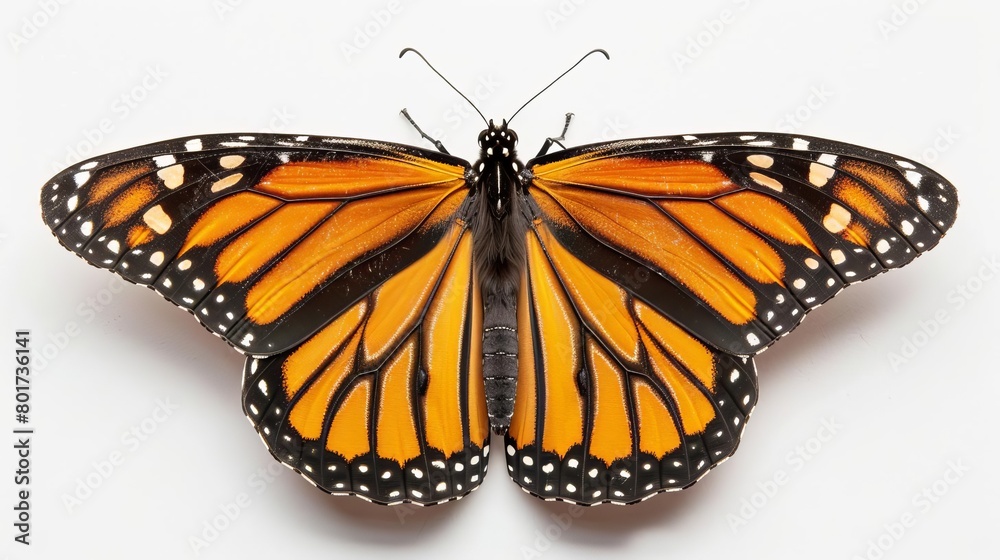 Fototapeta premium closeup portrait of monarch butterfly on white background danaus plexippus