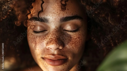 closeup portrait of mixed race woman with closed eyes and freckles natural beauty photography