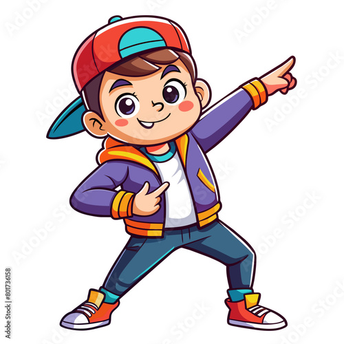 Show a trendy, cool boy striking a confident dabbing pose, wearing stylish streetwear with a baseball cap turned backward, exuding a fun and youthful vibe