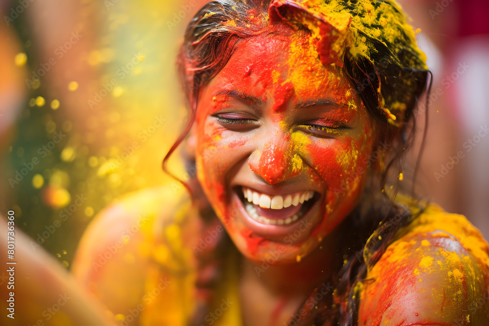 Portrait of happy young woman with holi color powder on face