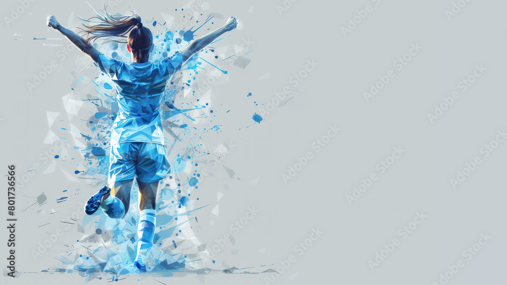 Fototapeta premium Blue geometric form illustration of soccer player celebrating success