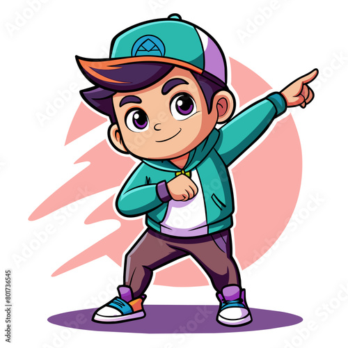 Show a trendy, cool boy striking a confident dabbing pose, wearing stylish streetwear with a baseball cap turned backward, exuding a fun and youthful vibe