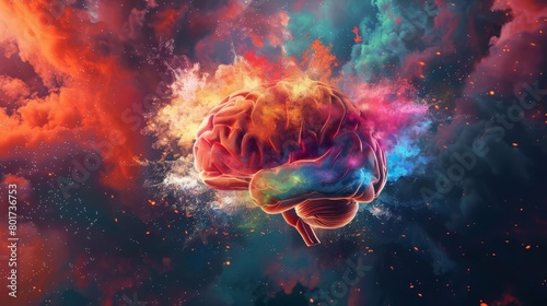 colorful human brain explosion cognitive overload and creative inspiration mental health concept