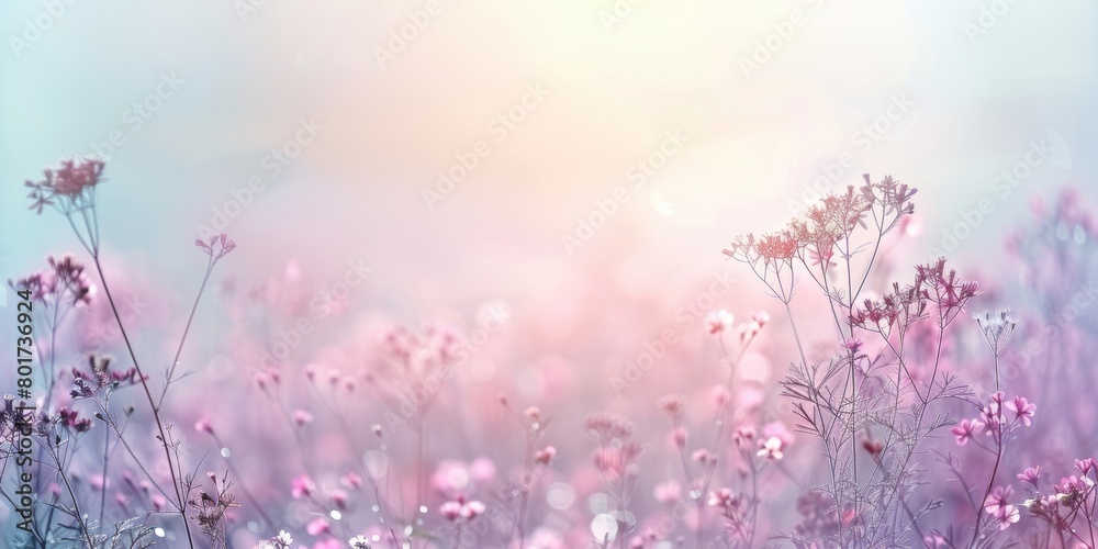 A dreamy landscape of pink wildflowers enveloped in a soft misty morning light.