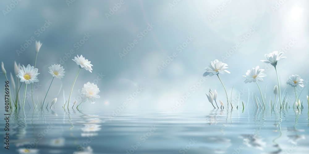 A tranquil scene of white cosmos flowers blooming above reflective water against a soft blue background.