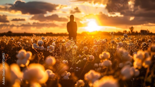 A contemplative silhouette of a person stands amidst a field of cotton under a dramatic sunset sky.