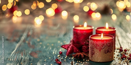 Burning red candles with decorative holders, set among festive decorations on a rustic blue wooden backdrop.