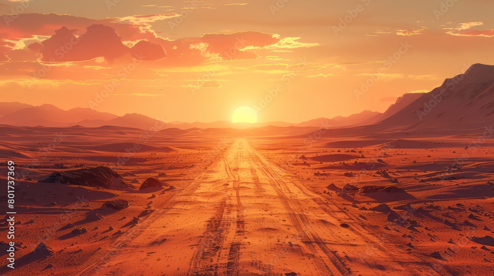Fototapeta premium desert road highway, front sunlight, dry air warped by the heat