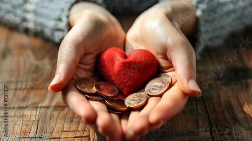 conceptual image of hands holding red heart and coins representing investment in love and relationships digital composite