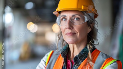 confident middleaged woman construction worker hard hat and safety vest portrait