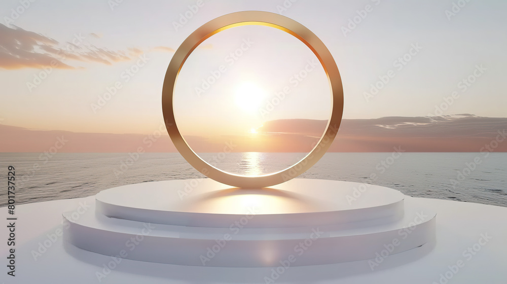 3D rendering of golden circular podium and white podium. Used for product display and cosmetic display 3D rendering of golden circular podium and white podium. Used for product display and cosmetic display