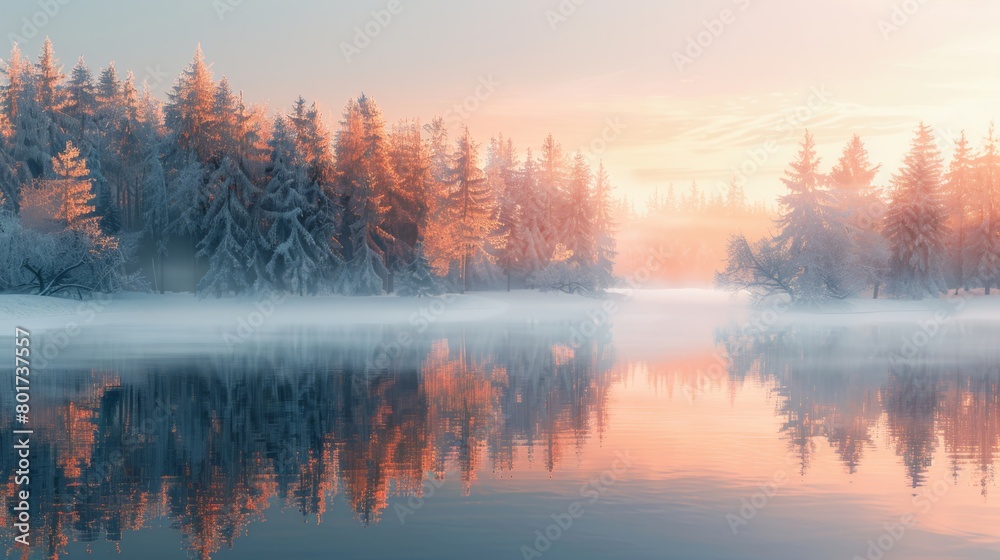 Crisp winter morning with snow-covered trees reflecting on a tranquil forest lake.