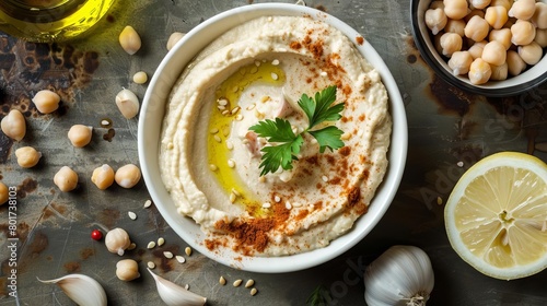 creamy hummus dip with chickpeas tahini garlic lemon and olive oil in white bowl illustration food photography photo