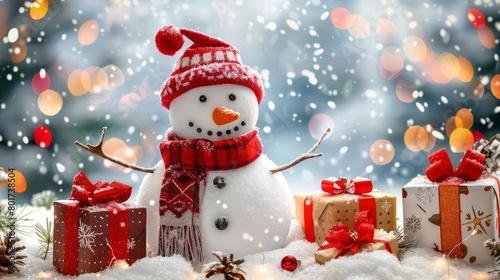 cute snowman with christmas gifts and festive background happy holidays wallpaper