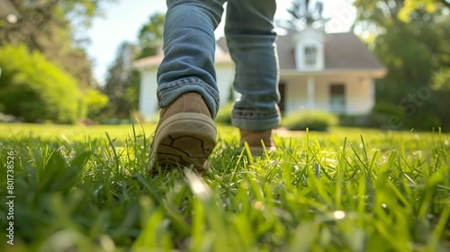 Child skipping joyfully towards a freshly painted house, lush green lawn beneath their feet, symbolizing new beginnings and growth in the family home.