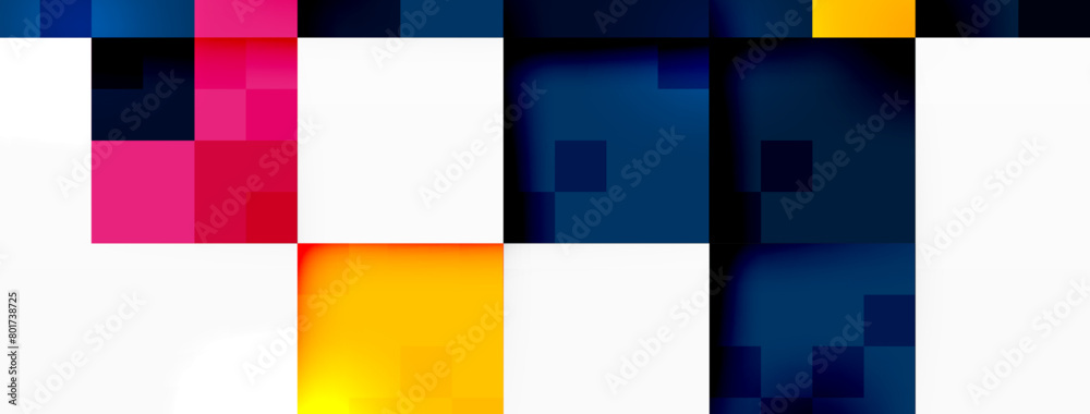 The letter T is depicted as a colorful rectangle with squares in shades of electric blue, magenta, and yellow on a white background. It creates a symmetrical and artful pattern in the font
