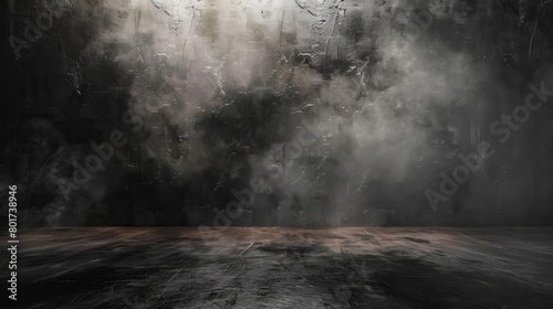 dark abstract studio with smoky atmosphere and cement wall texture product display background 3d rendering