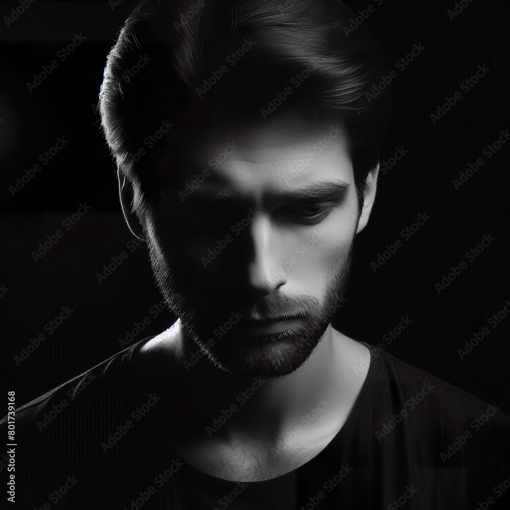 A very sad man portrait, with the rim light. The background is black A very sad man portrait, with the rim light. The background is black