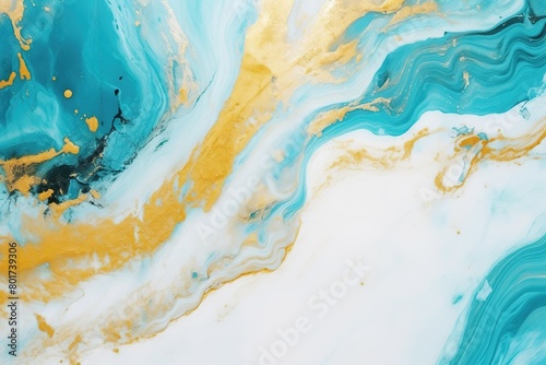 Decorative marble texture. Abstract painting, can be used as a trendy background for wallpapers, posters, cards, invitations, websites. Turquoise and golden paints on a white paper. Unusual design