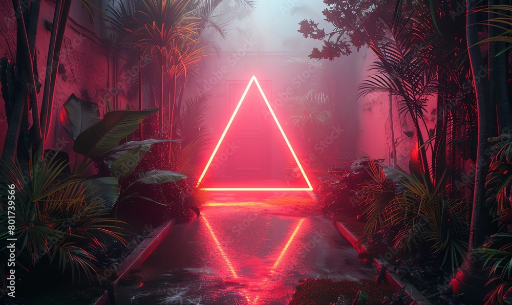 3d render, abstract background with neon glowing triangle on the floor ...