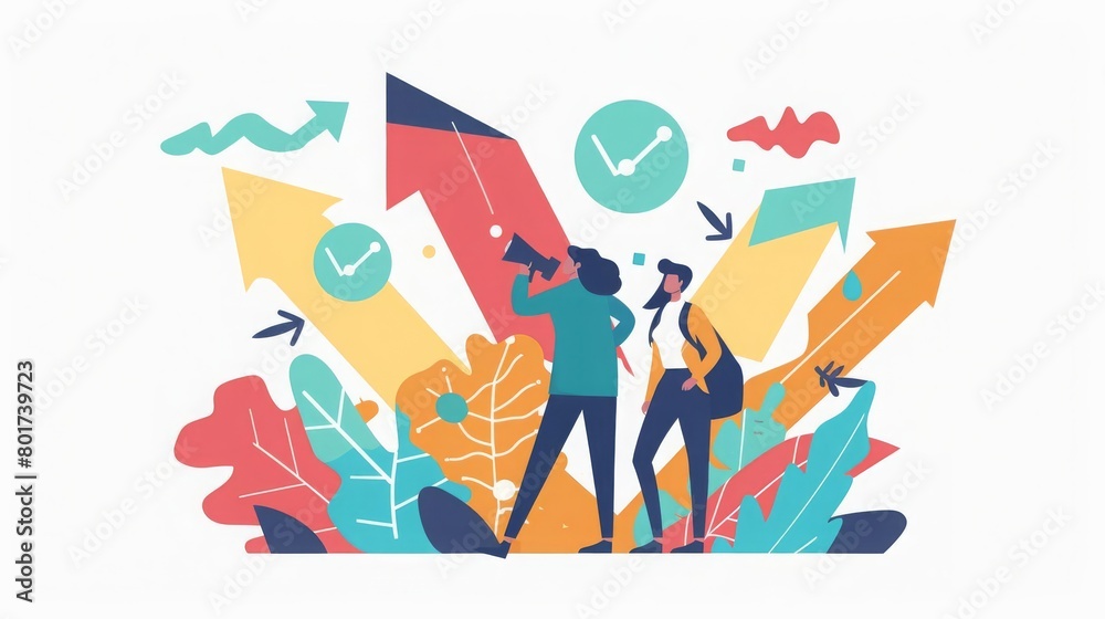Obraz premium Concept of searching for opportunities, decisions, new business ideas or staff People looking into future choosing direction of development Colorful flat vector illustration isolated on white