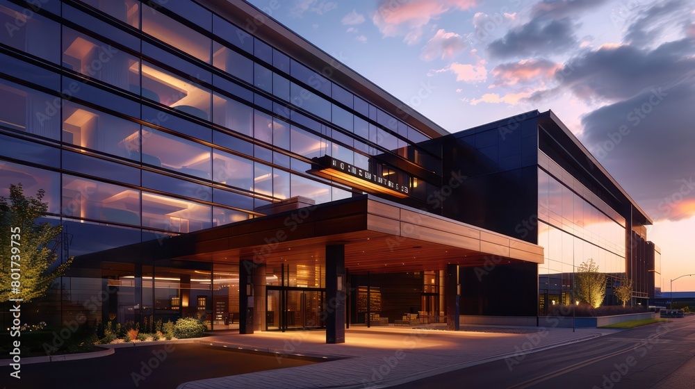 modern hotel exterior with a sleek glass facade in the late afternoon