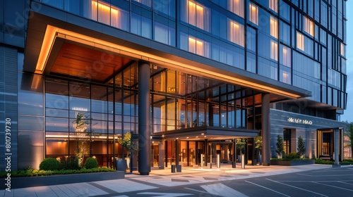 modern hotel exterior with a sleek glass facade in the late afternoon