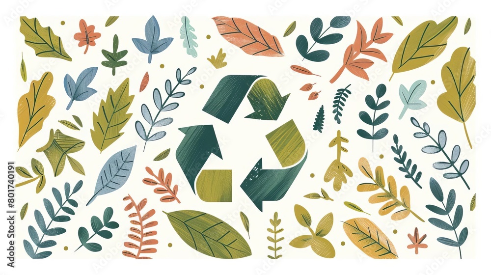 Obraz premium Modern eco sticker with recycle sign, arrows and leaves Concept of ecology, zero waste and sustainability Colored flat textured vector illustration isolated on white background