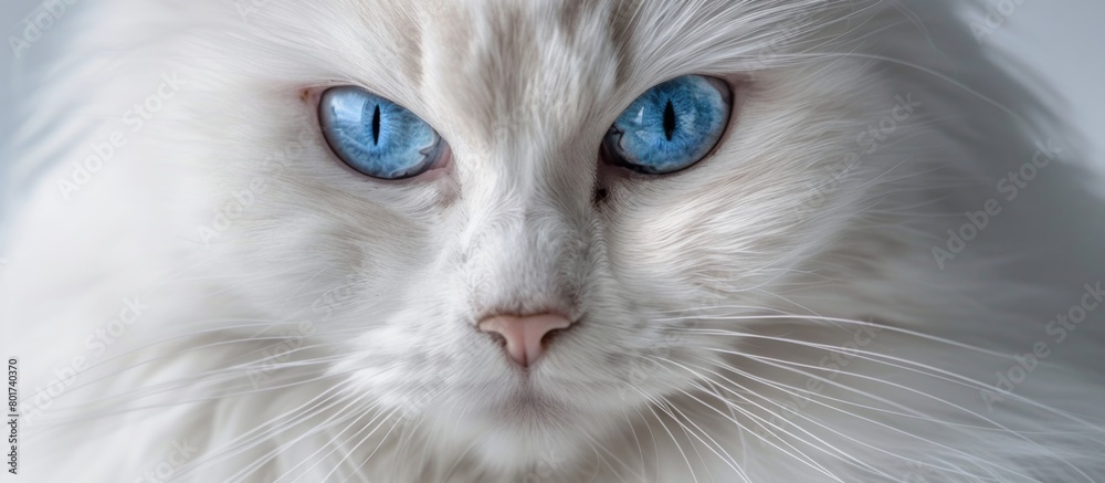 Adorable feline with a pristine fur coat and mesmerizing azure eyes intensely gazes at the camera