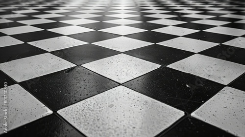 High contrast black and white tiled floor - A close-up image of shiny black and white tiles on a floor, emphasizing reflection and texture