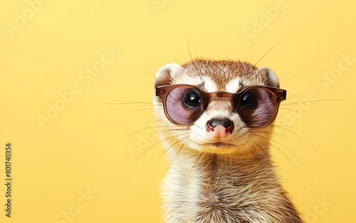 Creative animal concept. Weasel with sunglasses isolated on pastel yellow background. 