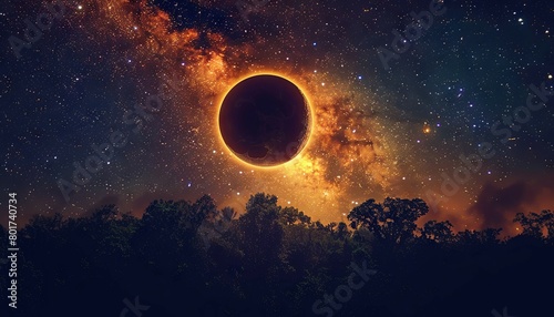 Eclipse over a starry night sky and forest - A mesmerizing scene capturing a solar eclipse amidst a star-lit sky  casting a mystical glow over a tranquil forest