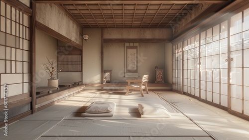 Minimalist Japanese room with tatami mats and chair - A minimalist Japanese room with natural light, tatami mats, a single chair, and classic shoji screens for a zen feel © Tida