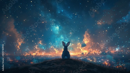 Lonely rabbit viewing city lights from a hill - A solitary rabbit observes the distant city lights and a cosmic display from atop a grassy hill photo