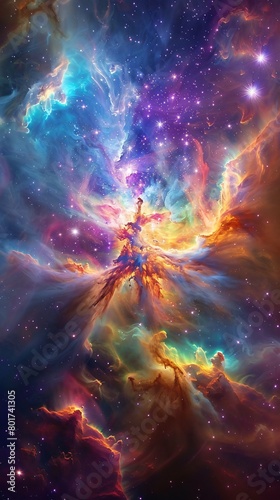 Cosmic Design, A colorful cosmic burst fills the sky, merging blues, purples, and reds into a vibrant nebula, embodying the beauty and vastness of the universe.