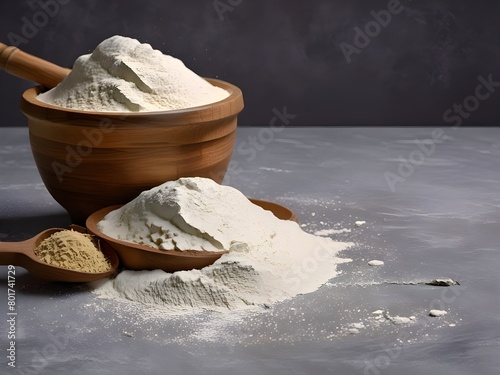 A wooden bowl filled with a heaping pile of nutritious wheat flour with some flour scattered on the table and gray background 