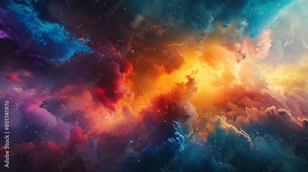 Fototapeta premium Cosmic Dust Cloud, A vibrant explosion of colorful particles fills the sky, resembling a cosmic nebula, as blues, purples, and reds merge into a celestial tapestry, embodying the universe's vastness a