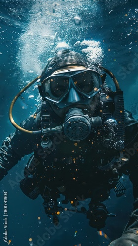 diver underwater deep blue movement