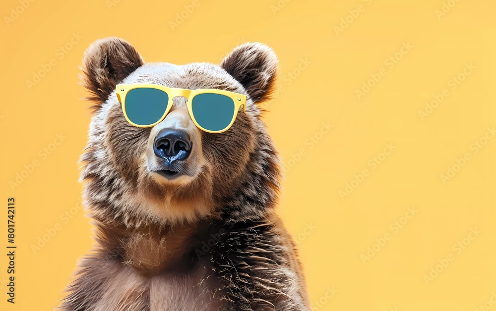 Creative animal concept. Bear with sunglasses isolated on pastel yellow background. Creative animal concept. Bear with sunglasses isolated on pastel yellow background.