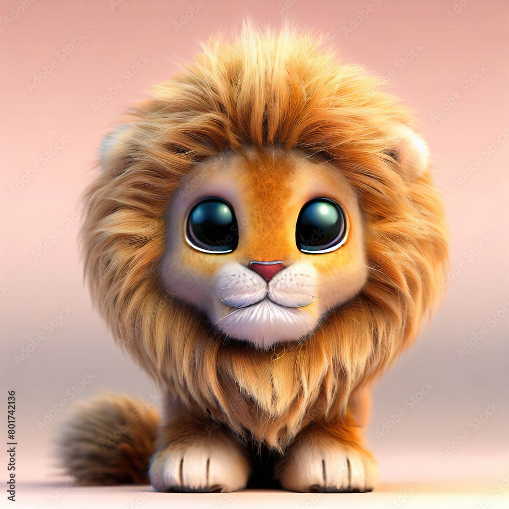 3D fluffy cartoon lion with white background . with Generative AI technology	