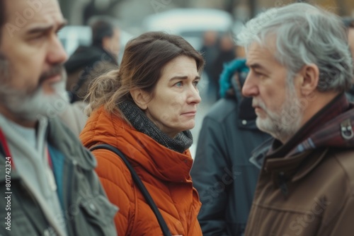 Mature man and woman walking in the street. Focus on woman