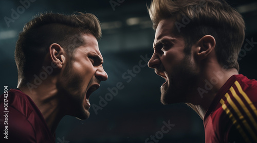 The soccer player engaged in a heated argument with the goalkeeper about the length of the football pitch, their silhouettes against the stadium lights painting a dramatic scene. soccer, player, sport