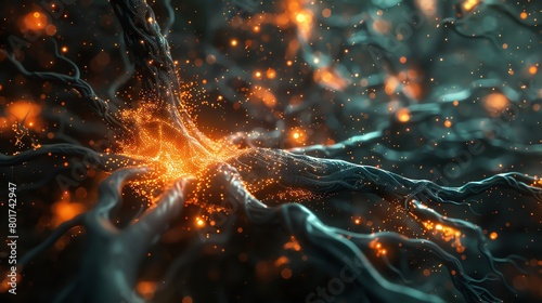 A glowing network of orange neurons in the brain.