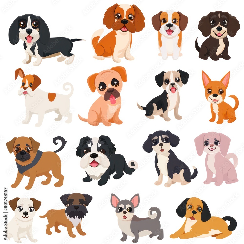 dog breeds bright colors, isolated white background