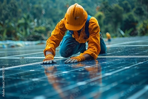 Worker in safety helmet and gloves carefully installing solar panels in a lush forest area, concept of eco-conscious energy solutions