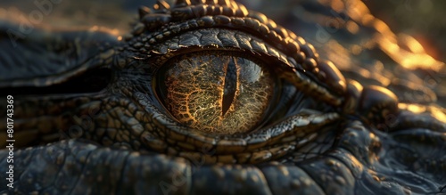A detailed view of the menacing eye of a crocodile in close-up, showcasing its unique vertical pupil and scaly texture