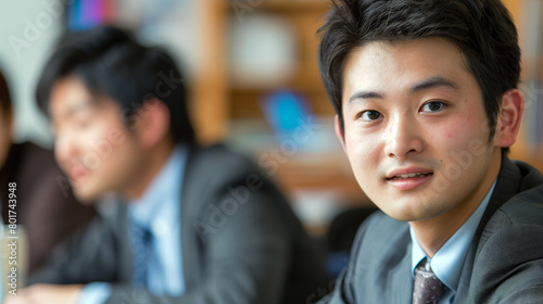 A group young Asian businessman sitting at a conference table, a busy office setting, showcasing professionalism and focus.