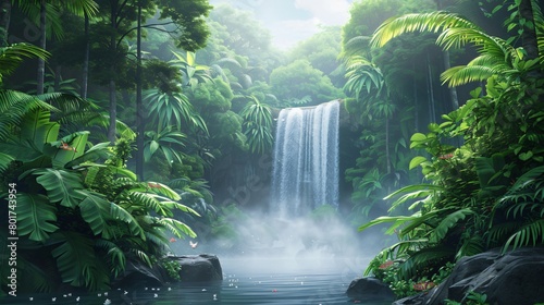 Deep Jungle Scene with Exotic Birds and Hidden Waterfalls  Adventure Travel Theme