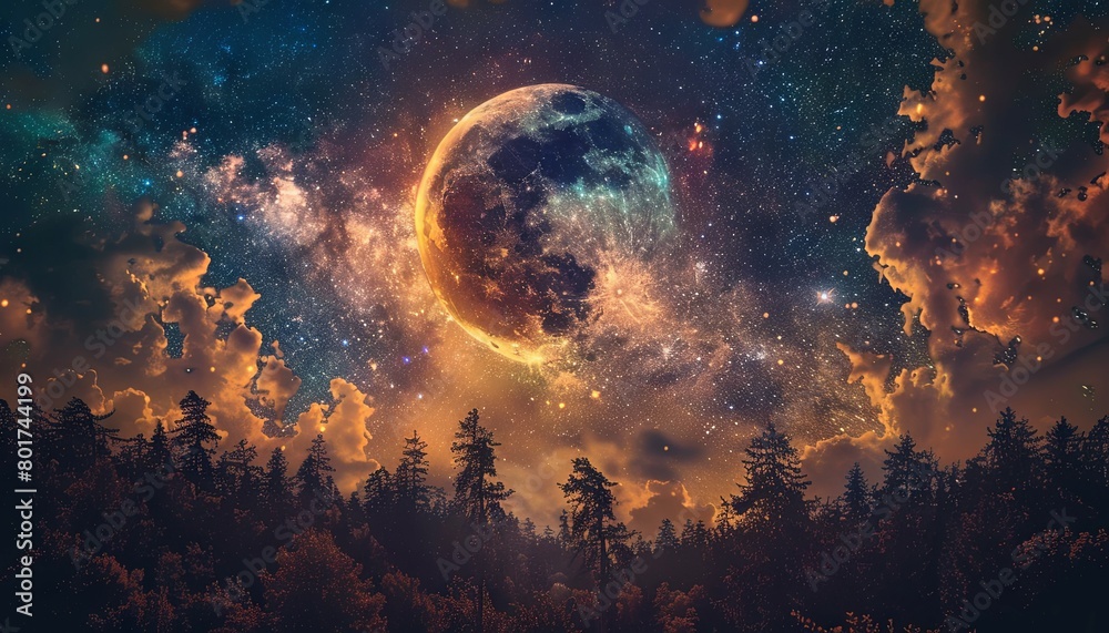 Large celestial body over a mystical forest scene - This stunning image features a large celestial body illuminating a mystical forest scene beneath a starry sky